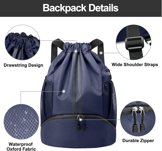 Hoedia Sports Drawstring Backpack - String Swim Gym Bag with Shoes Compartment and Wet Proof Pocket for Women and Men
