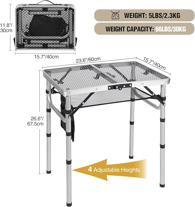 REDCAMP Small Folding Grill Table for Outside, 2Ft Lightweight 4 Height Adjustable Portable Metal Table with Mesh Desktop, Outdoor Table for Camping Picnic Beach and BBQ, Silver