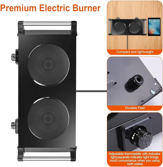 Hot Plate, 2000W Portable Electric Stove for Cooking with Stay Cool Handles & 5 Levels Adjustable Temperature, Countertop Double Coil Burner for RV Home Camp Compatible for All Cookwares,Black