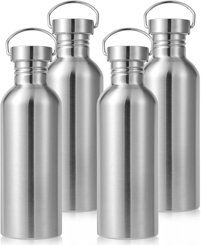 Volhoply 32oz Stainless Steel Water Bottle with Handle 4 Pack,Non Insulated Single Wall, Dishwasher Safe No Plastic 18/8 304 Metal Water Bottles with Wide Mouth for Camping, Hikers, Cyclists