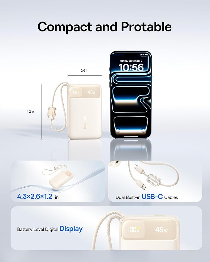 Baseus 45W 2 Pack PPS Fast Charger Type C with USB-C Cable, Bundle with 20000mAh Compact Portable Charger 45W, CCC Certified Power Bank Built-in USB-C Cables