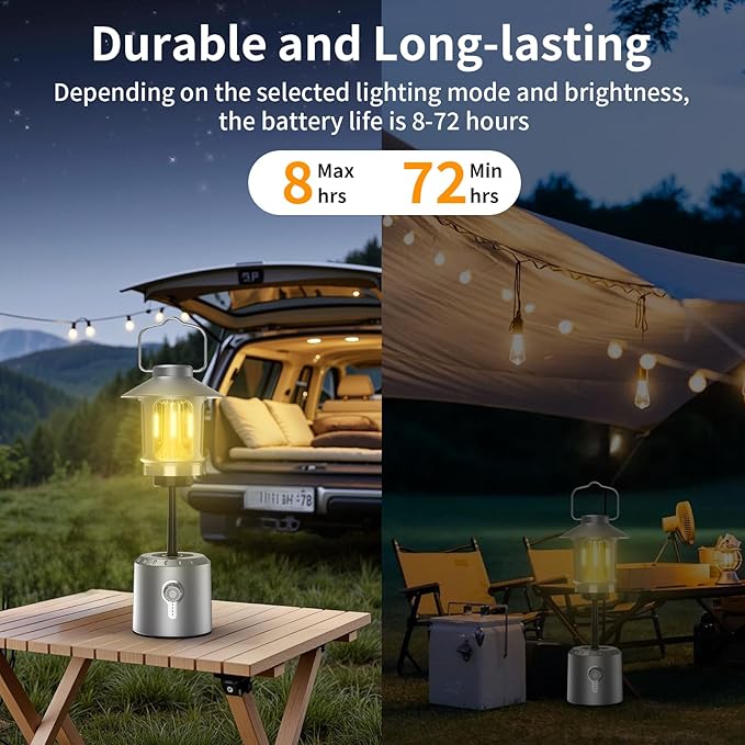Camping Lantern Rechargeable, 8000mAh Power Bank, Telescopic Tent Light with 360° Lighting, Dual Light Source (LED & Vintage Filament), 3 Light Modes (2000K-6500K) Tent Lamp for Camping, Emergency