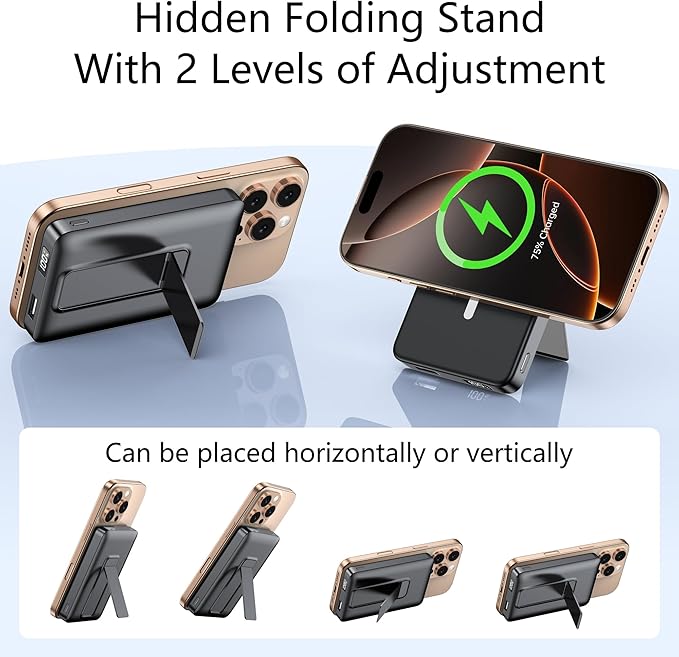 YUJE for Magsafe Battery Pack Magnetic Power Bank 10000mAh, Wireless Portable Charger with Foldable Stand Dual USB-C & USB-A Port Fast Charging Compatible with iPhone 17/16/15/14/13/12 Pro/Max/Plus