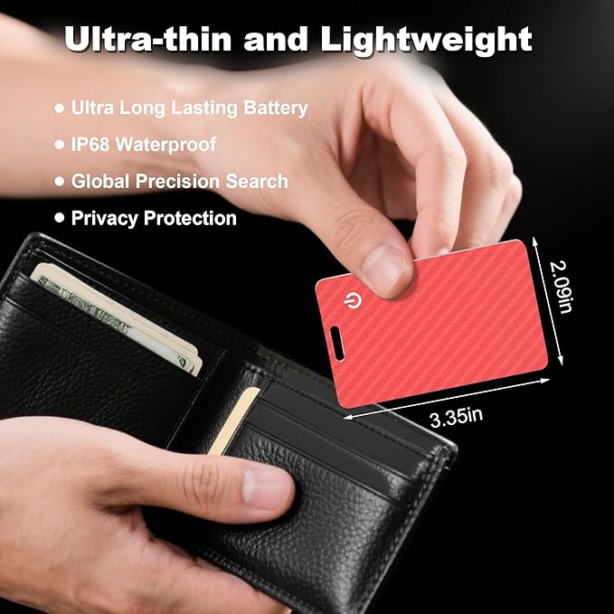 Wallet Tracker Card, Slim Rechargeable Bluetooth Item Locator, Smart Finder Compatible with Apple Find My for Wallet, Luggage, Passport, IP68 Waterproof (iOS Only) (Carbon Fiber Red)