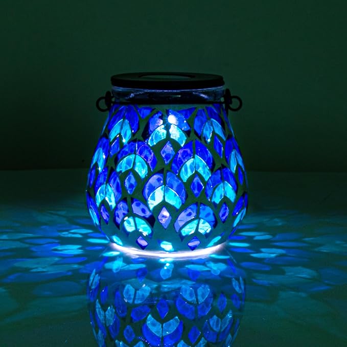 Afirst Mosaic Solar Lanterns - Glass Hanging Lights Hollow Out Waterproof Outdoor Decorative for Garden, Patio, Holiday Party Outdoor Decoration, 1 Pack
