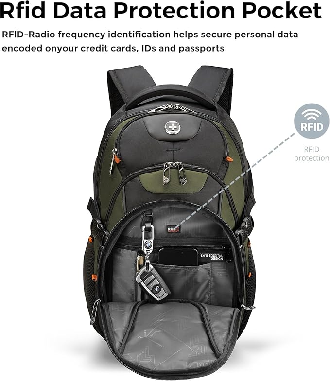Swissdigital Design Laptop Backpack, Travel Backpack with USB Charging Port Fits 15.6 inches Computer, 31L College School Bookbag for Men,Olive/Black | SD803-26