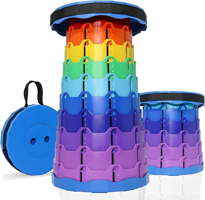Upgraded Collapsible hickened Portable Camping Stool with Adjustable Height and Retractable for Fishing, Hiking, BBQ, Concert Party, Outdoor (Rainbow Blue)