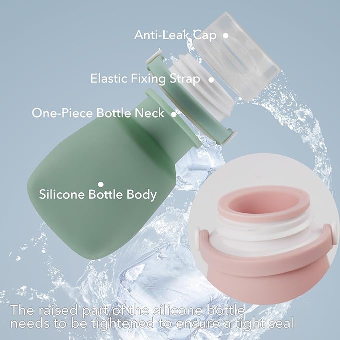 1oz Silicone Travel Bottles for Toiletries (4-Pack), TSA Approved Leakproof Toiletry Bottles with Locking Lid, Refillable Travel Size Containers for Shampoo, Body Wash, Camping & Trips (Wh,Gn,Pnk,Gry)