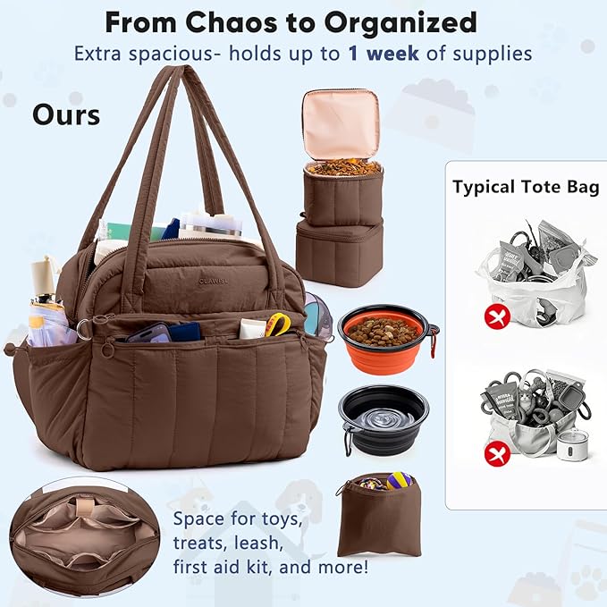 Dog Travel Bag for Supplies, Airline Approved Pet Travel Organizer with 2 Food Containers & Collapsible Bowls, Large Capacity Dogs Tote Bag for Weekend, Stylish Dog Mom Gift for Pet Lovers