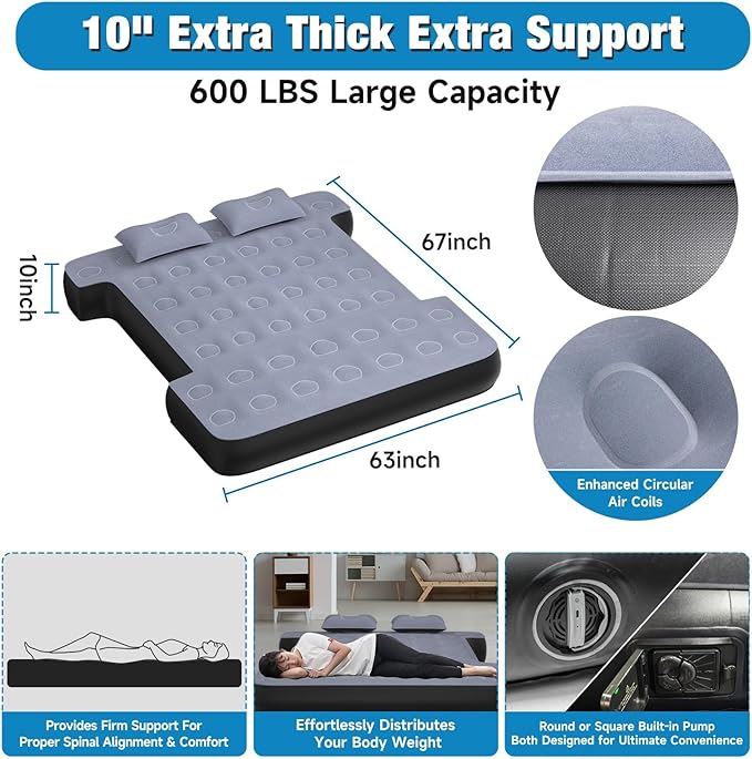 Truck Bed Mattress 5.5-5.8ft: Inflatable Full Size Truck Bed Air Mattress with Wireless Rechargeable Pump, Pickup Mattress with Carry Bag (Grey)