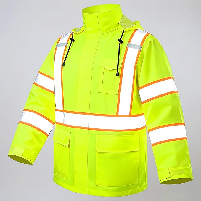 High Vis Reflective Safety Rain Jacket for Men, Class 3 Hi Vis Rain Gear for Construction Workers (Yellow,S/M)