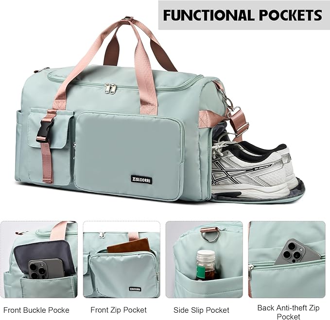 Eslcorri Gym Duffle Bag for Women Men, Sports Backpack with Wet & Shoe Compartment, Fitness Overnight Weekender Bag for Yoga, Swim, Travel (B, Light Blue)