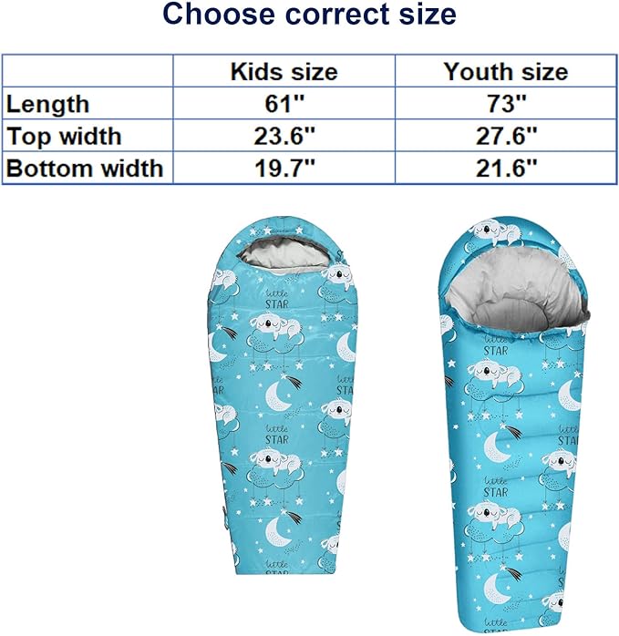KidzAdventure Mummy Style 32 – 59F Kids Sleeping Bag with Pillow Sleeve, 4 Season, Lightweight and Backpacking Style, Ideal for Camping, Sleepover, Boys, Girls, Youth and Toddlers