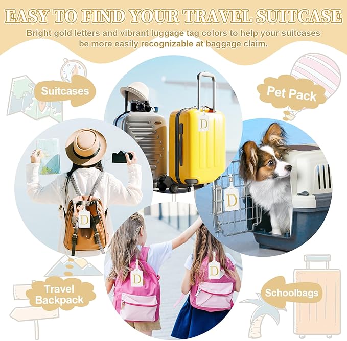 Personalized Initial Luggage Tags for Suitcase TSA Approved, White Leather Cute Luggage Tag with Privacy Cover Name Card, Embroidered Custom Luggage Tags Travel Baggage Tags Gifts for Women Kids(D)