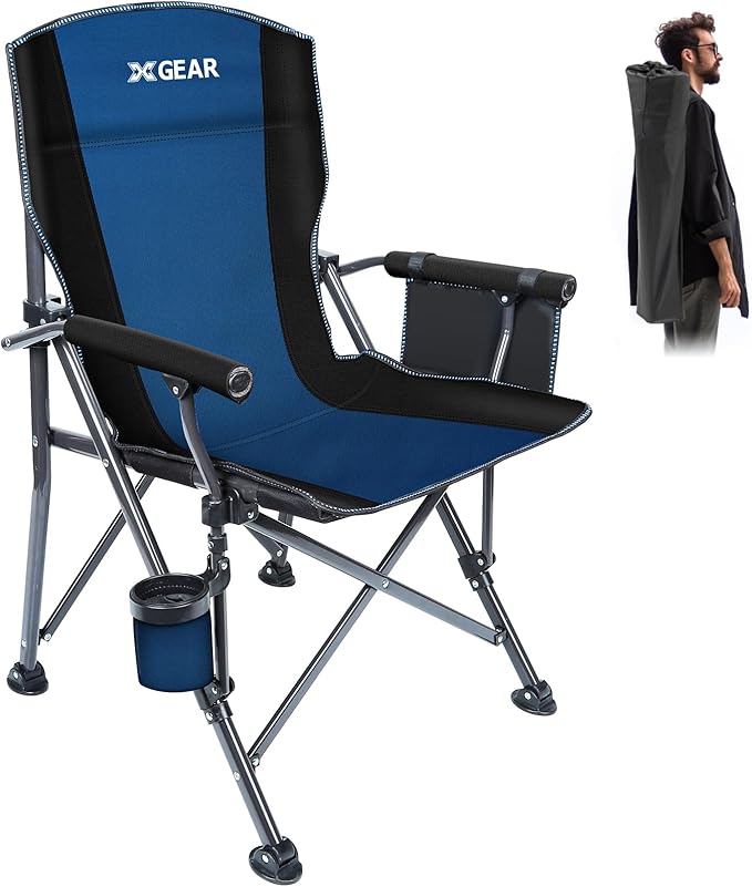 XGEAR Camping Chair with Padded Hard Armrest, Sturdy Folding Camp Chair with Cup Holder, Storage Pockets Carry Bag Included, Support to 400 lbs