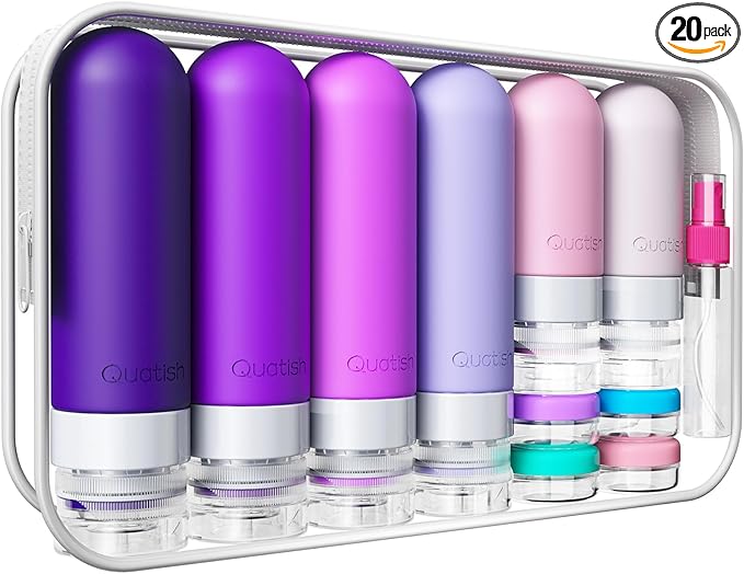 Quatish 20 Pack Travel Bottles for Toiletries, Original Patented, TSA Approved Travel Size Containers, Leak Proof Silicone Shampoo and Conditioner Bottles Women & Men, Airplane Essentials, Purple