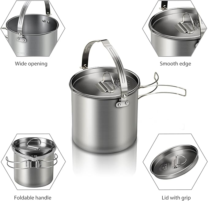 Lixada 5PCS Camping Cookware Set Stainless Steel 1.2L Camping Pot with 2 Cups & 2 Bowls, Lightweight Portable Backpacking Pot with Foldable Handles & Lid for Outdoor Cooking Hiking Picnic