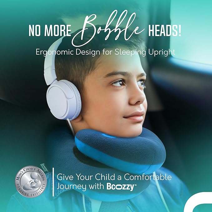 BCOZZY Kids Travel Neck Pillow (8-12 Y/O) – Patented Soft Child Pillow for Head & Chin Support in Car, Airplane, and Road Trip Sleeping. Adjustable Size. Carry Bag. Fully Washable. Medium, Light Blue
