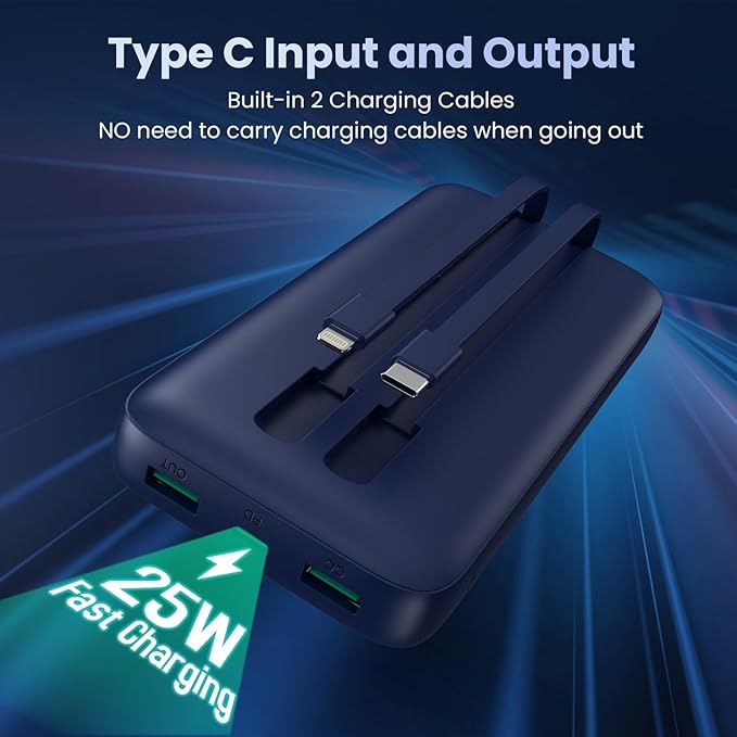 Portable Charger PowerBank 40,800mAh with 2 Built-in Cables,25W PD Fast Charging +QC 4.0 Quick Phone Charging Power Bank, 5 Outputs LCD Display USB C Battery Pack for iPhone 16/15 Android Galaxy etc