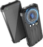 Solar Power Bank 20000mAh, Wireless Charger with 15W Fast Charging, 3 Data Cables, USB-C Output, Dual Flashlights, Portable Outdoor Battery Pack for iPhone, Samsung, and More, for Camping, Emergency