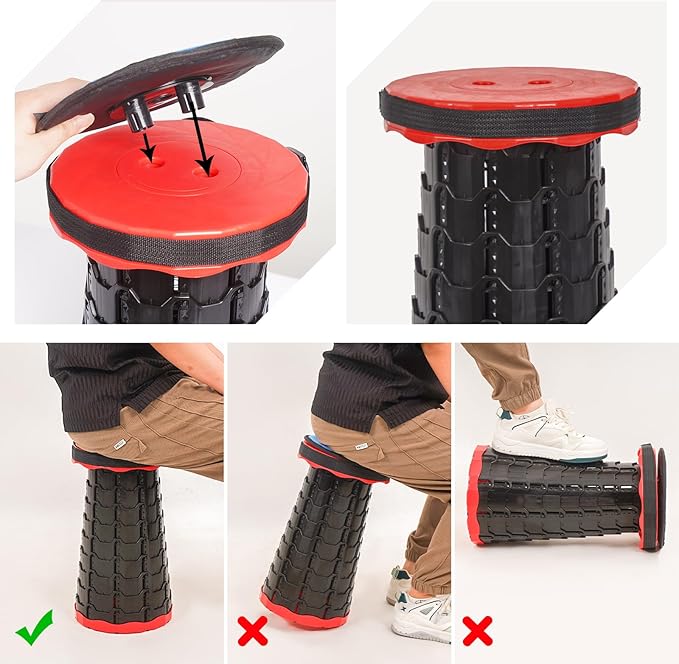 2 Pack Portable Telescoping Stools Collapsible Stool with Cushion,Retractable Foldingstool Max Load Capacity 400lbs, Portable Collapsible Stools for Camping Hiking Outdoor BBQ Black-Red