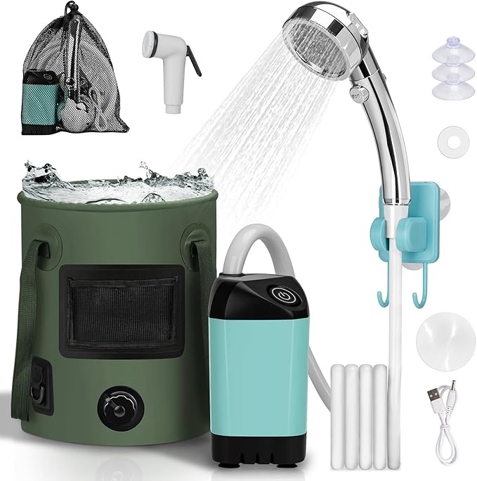 Portable Camping Shower, Pop Up Shower Privacy Tent Kit with LED Lights, 4500mAh Rechargeable Shower Pump, Filtered Shower Head & 7.4 Gallons Foldable Bucket, Outdoor Shower for Hiking Beach, Travel
