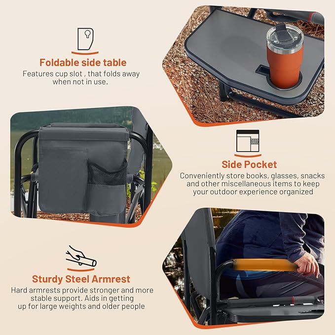 TIMBER RIDGE Heated Aluminum Oversized Camping Chair, Lightweight Portable Directors Chair with Side Table Detachable Side Pocket for Outdoor Camping, Lawn, Picnic, Support 400lbs Gray