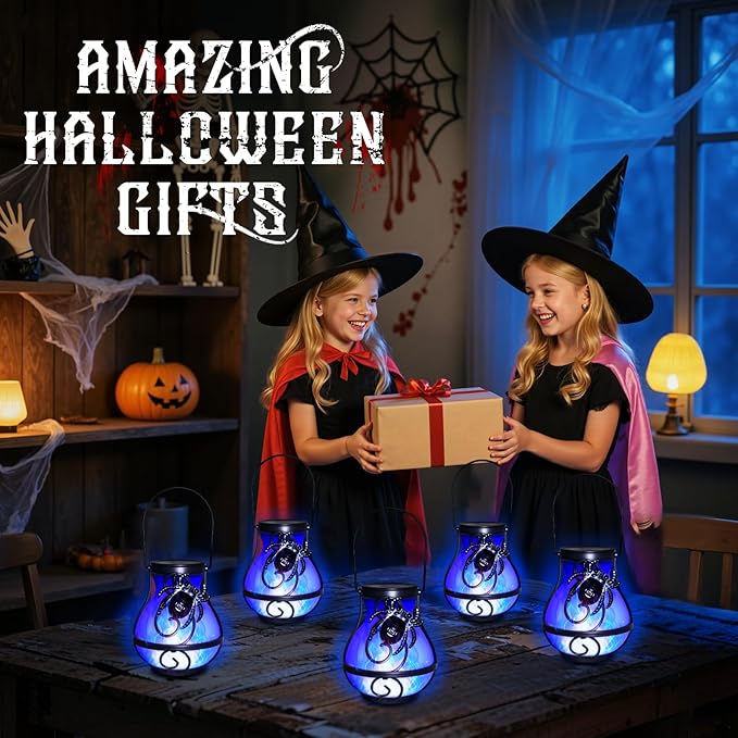 2 Pack Halloween Lights Outdoor Spider Hanging Solar Lantern Flickering Flame Lights Garden Patio Porch Halloween Party Decoration