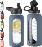 CIVAGO 32 oz Glass Water Bottle with Straw and Handle, Large Sports Motivational Water Bottle Flask with Time Marker and 2 Lids, Leakproof Water Jug Canteen with Silicone Sleeve for Gym,Smog Blue