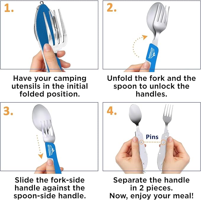 2Pcs Camping Flatware Foldable Utensils Detachable Portable and Versatile Stainless Steel Knife Fork Spoon and Bottle Opener Compact Outdoors Cutlery Pocket Knife Style - 2/pk (Blue)