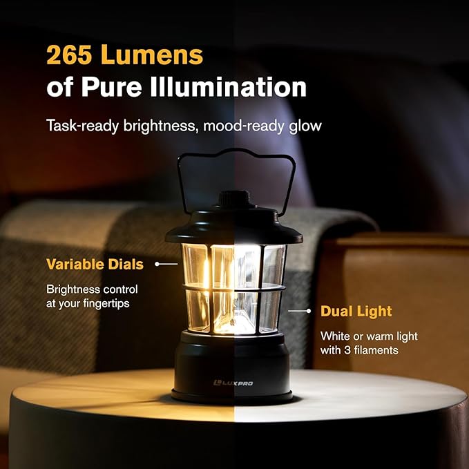 LUXPRO Retro LED Lantern - Battery-Powered Emergency Lantern - Water Resistant - Bright LED Lamp for Indoor & Outdoor Use - Use for Tents, Hiking or Hurricane Prep (Blac, Pack of 1)