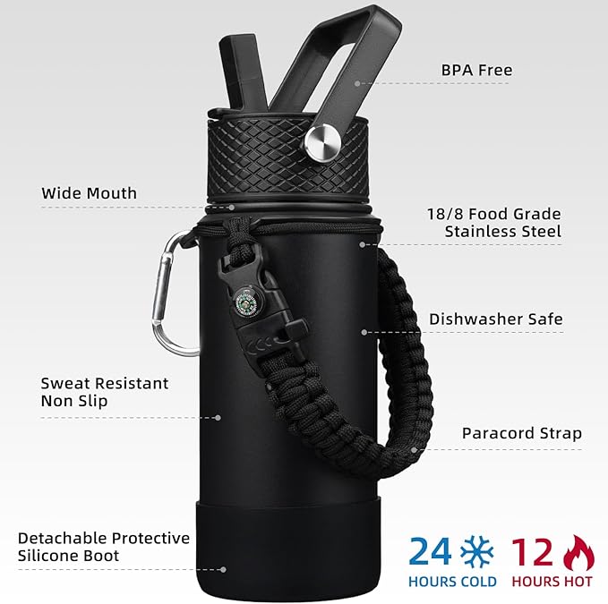 BJPKPK Water Bottle with Straw Lid, 18oz Insulated Water Bottles with 3 Lids, Paracord Handle & Non-slip Boot, Metal Stainless Steel Thermo, BPA Free Leak Proof Cups, Tumblers,Black