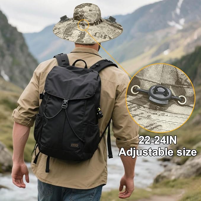 Outdoor Wide Brim Sun Hat with 2 Solar Fan for Men Women UPF50+ Outdoor Hiking Sun Protection Bucket Fishing&Cycling Hat