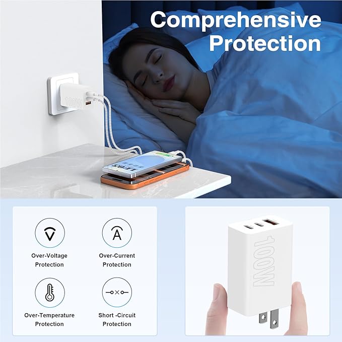 65W Super Fast Charging USB C for iPhone 17 16 Pro Max,3 Port 100W PD USB C Charger Block & 3/6/6/10FT Braided Type C Cord for iPhone 17 16 Pro,iPhone 15 Pro Max,for Samsung S26 Ultra/MacBook Pro/Air