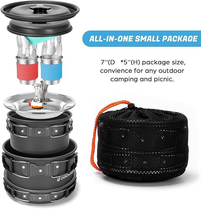 Odoland 16pcs Camping Cookware Mess Kit with Folding Camping Stove, Non-Stick Lightweight Pots Pan Set with Stainless Steel Cups Plates Forks Knives Spoons for Camping, Backpacking, Outdoor Cooking