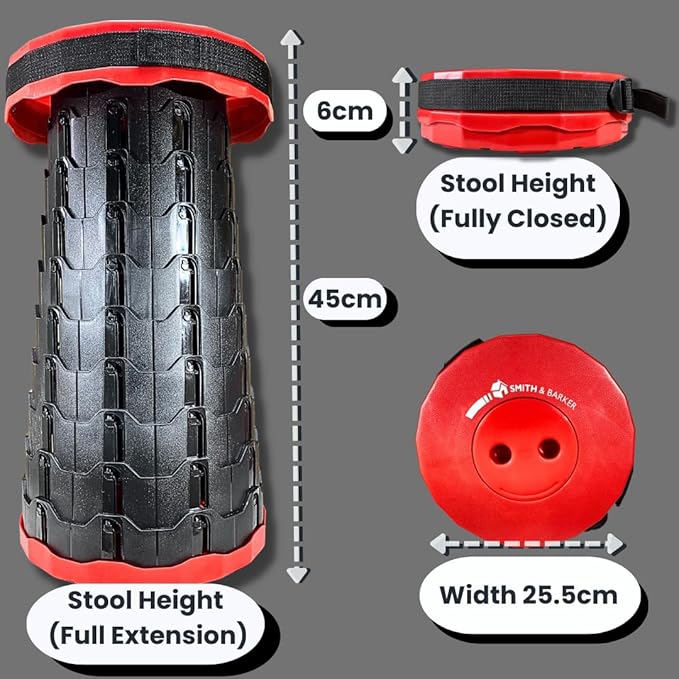 Smith & Barker Upgraded for 2025 Premium Telescopic Folding Stool for Adults and Children Outdoor Indoor Portable Collapsible Foldable Fishing Hiking Camping Festivals Seat (Red)