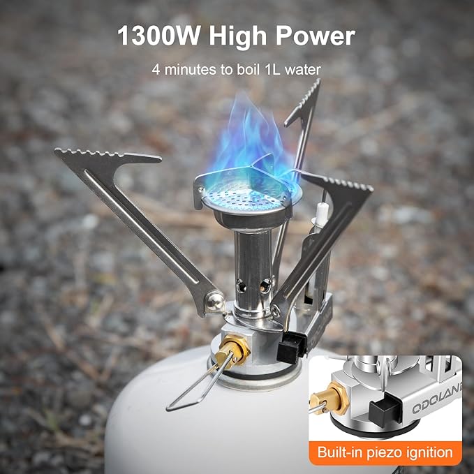 Odoland Camping Pots with Heat Exchanger Camping Cooking Set with Portable Camping Stove Camping Mess Kit Include Mug, Folding Utensil Set, Canister Stabilizer for Backpacking Outdoor Hiking & Picnic