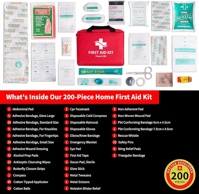 Protect Life Business First Aid Kit, Emergency First Aid Kit for Office Setting, Medical Kit Supplies, First Aid Kits for Businesses, School & Commercial Use - 200 Pieces