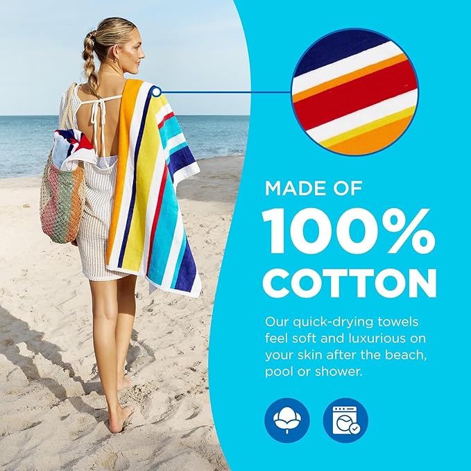 Ben Kaufman Joey Velour Colored Classic Multi-Color Stripe Beach & Pool Towel - Large Cotton Towel - Soft & Absorbant - Assorted Colors - 32” x 62” - 4 Pack