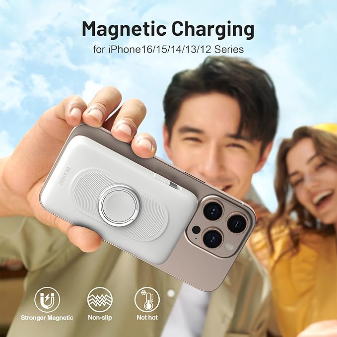 BLAVOR for Magsafe Portable Charger with Built-in Cables, 20W Fast Charging, 10000mAh Magnetic Wireless Power Bank, Battery Pack with Stand for iPhone 16/15/14/13/12, Powerbank for Apple Watch(White)