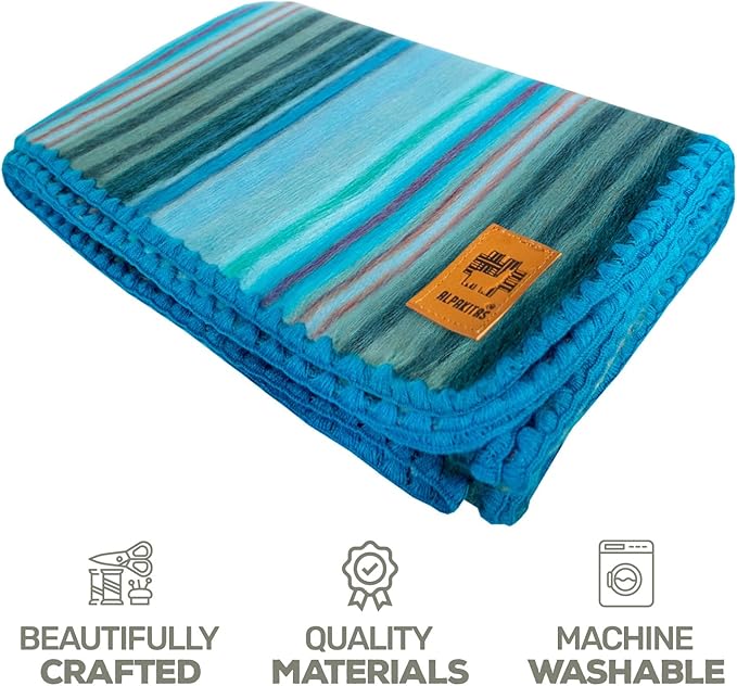 Alpaca Wool Blanket - Queen Size Bed Throw & Warm, Lightweight, Couch or Camp - Outdoor - 87 x 64 Inches (Light Turquoise)