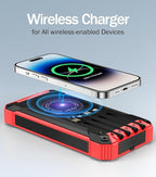 GOODaaa Power Bank Wireless Charger 36000mAh Built in 4 Cables Six Outputs 15W Fast Charging Power Bank for All Mobile Devices Three Inputs Solar Portable Charger with Dual Flashlights, Carabiner