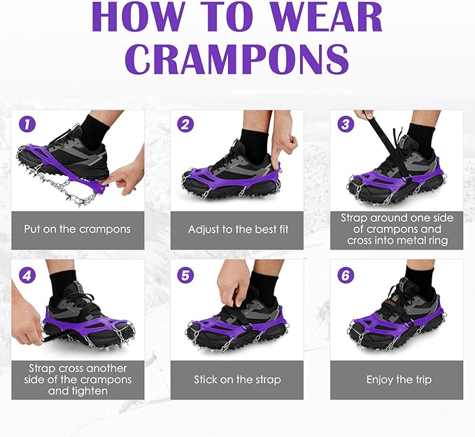 Crampons Ice Cleats Traction Snow Grips for Boots Shoes Women Men Anti Slip 19 Stainless Steel Spikes Safe Protect for Hiking Fishing Walking Climbing Mountaineering