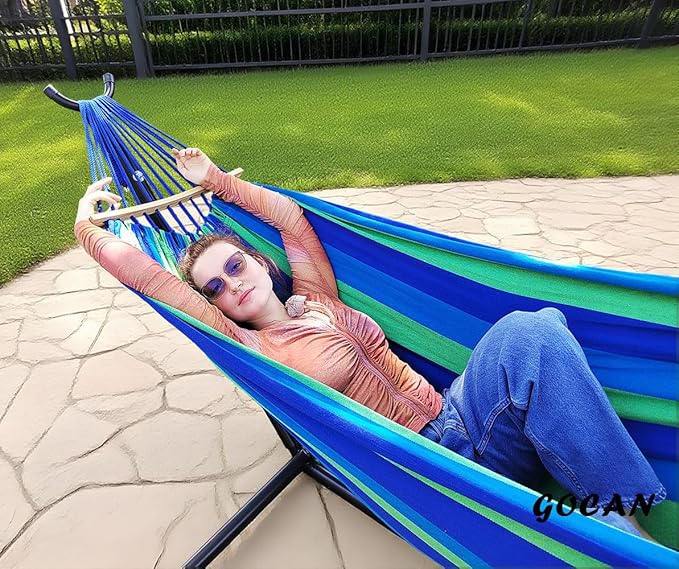 Double Hammock 2 Person Large 220x160cm with Steel Stand and Removable Spreader bar Load 500lb, Canvas Cotton Hammocks for Patio Porch Garden Backyard Outdoor and Indoor, Blue