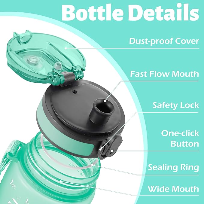 OLDLEY 25 oz Motivational Water Bottle, Sports Water Bottle with Strap, Leakproof BPA Free Large Water Bottles for School, Gym, Travel, Outdoor, Tritan, Green&Pink