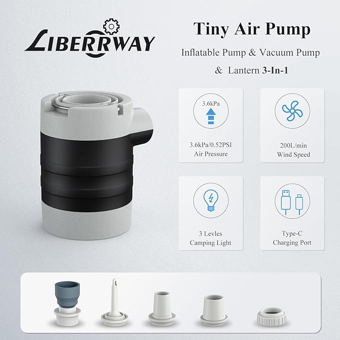 LIBERRWAY Electric Air Pump for Inflatables - Rechargeable Tiny Pump - Cordless Portable Air Pump with Camping Lantern, Quick-Fill Air Mattress Pump for Camping, Pool Floats
