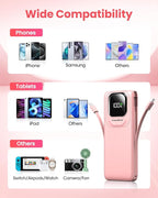 Portable Charger Power Bank with Built-in Cables, 22.5W Fast Charging 10000mAh Phone Charger, Travel Battery Pack Slim Battery Bank with Smart LED Display for iPhone, Android & USB-C Devices (Pink)