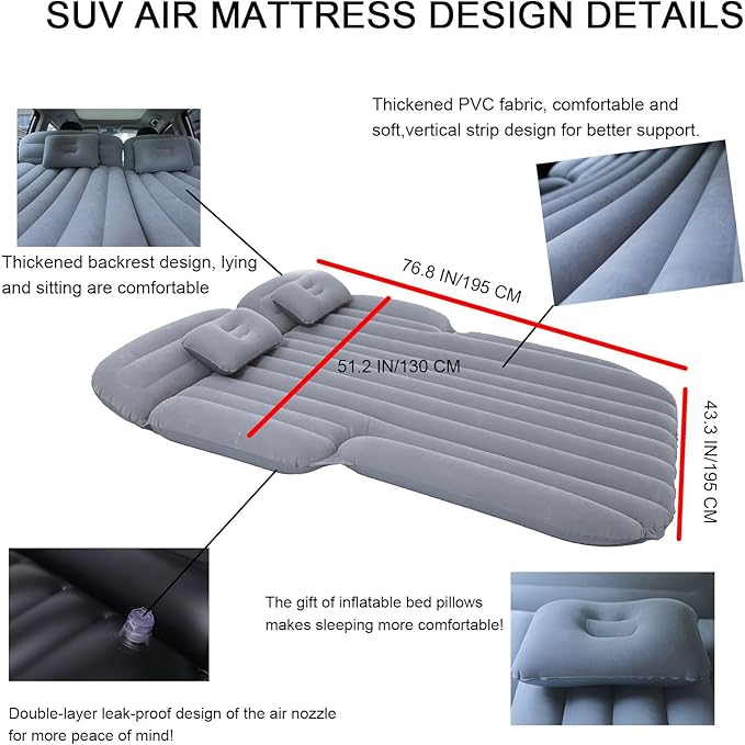 Inflatable SUV Air Mattress,Thickened Flocking Inflatable Car Camping Travel Air Mattress with 2 Pillows & Air Pump,Portable Car Sleeping Bed for SUV|MPV|Minivan