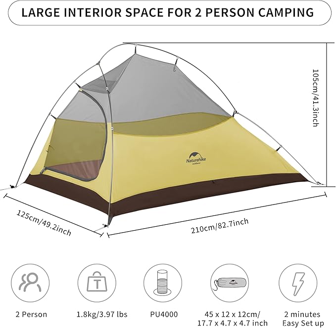 Naturehike Cloud-Up 2 Person Tent Lightweight Backpacking Tent with Footprint - Free Standing Ultralight Camping Hiking Backpack Tents Two Person Tent