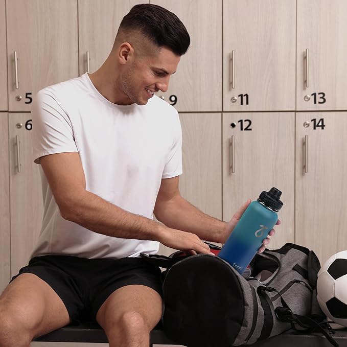 Trebo 32 oz Water Bottle Insulated with Paracord Handle and Straw, Vacuum Double Wall Stainless Steel Water Jug Keep Cold 48 Hours, Water Flask with 3 Lids for Men women Sports Travel gift, Cyan Blue